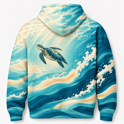 Sunlit Glide Sea Turtle Hoodie — Teal Ocean Wave Print