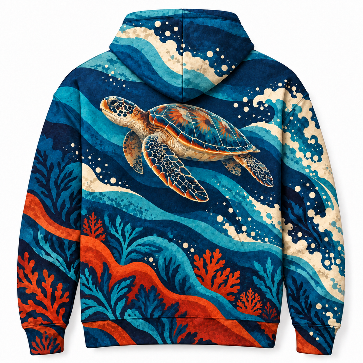 Pacific Rhythm Sea Turtle Hoodie — Graphic Ocean Wave Print