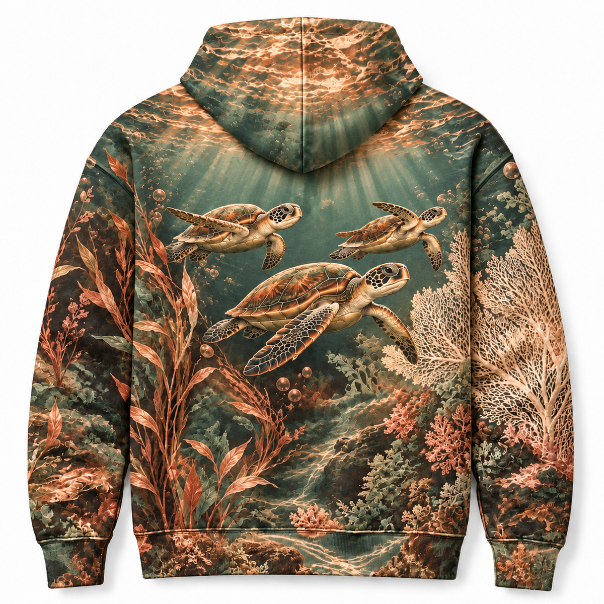 Tidal Copper Garden Sea Turtle Hoodie — Copper Botanical Reef Print