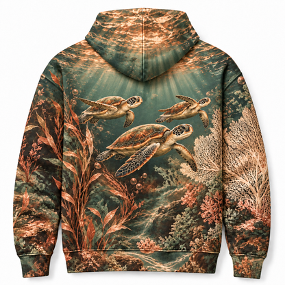 Tidal Copper Garden Sea Turtle Hoodie — Copper Botanical Reef Print