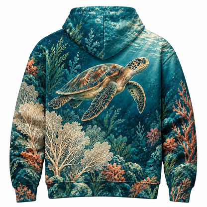 Abyssal Bloom Sea Turtle Hoodie — Coral Reef All-Over Print