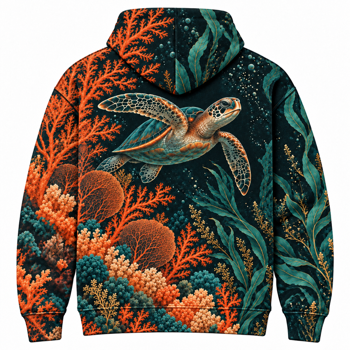 Midnight Coral Opera Sea Turtle Hoodie — Orange Coral Botanical Print