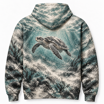 Graphite Drift Sea Turtle Hoodie — Charcoal Smudge Print