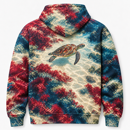 Cranberry Shoals Sea Turtle Hoodie — Warm Coastal Abstract Print