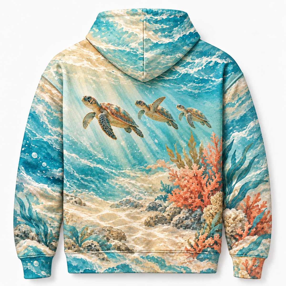 Coral Sand Serenade Sea Turtle Hoodie — Soft Coral Garden Print