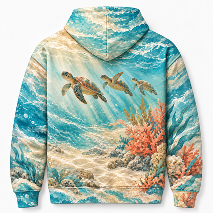 Coral Sand Serenade Sea Turtle Hoodie — Soft Coral Garden Print