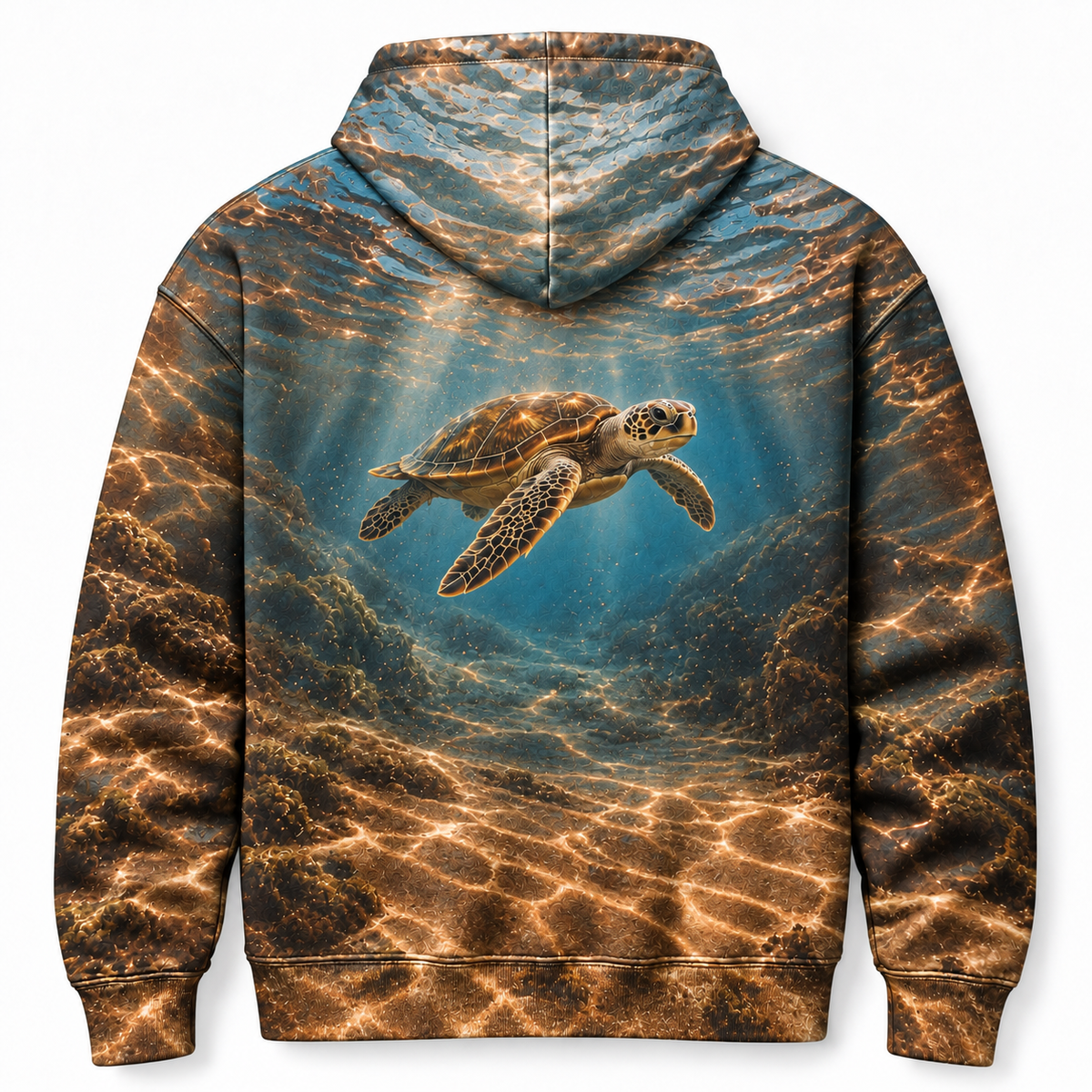 Cocoa Undertow Sea Turtle Hoodie — Warm Deep Water Print