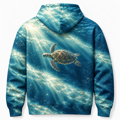 Sunshaft Stair Sea Turtle Hoodie — Layered Light Print