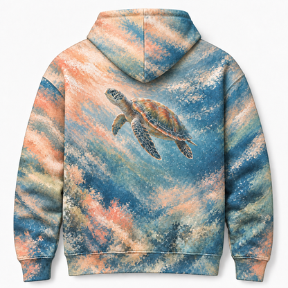 Pastel Motion Sea Turtle Hoodie — Soft Chalk Ocean Print