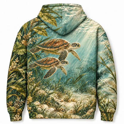 Cypress Estuary Sea Turtle Hoodie — Vintage Green Seagrass Print