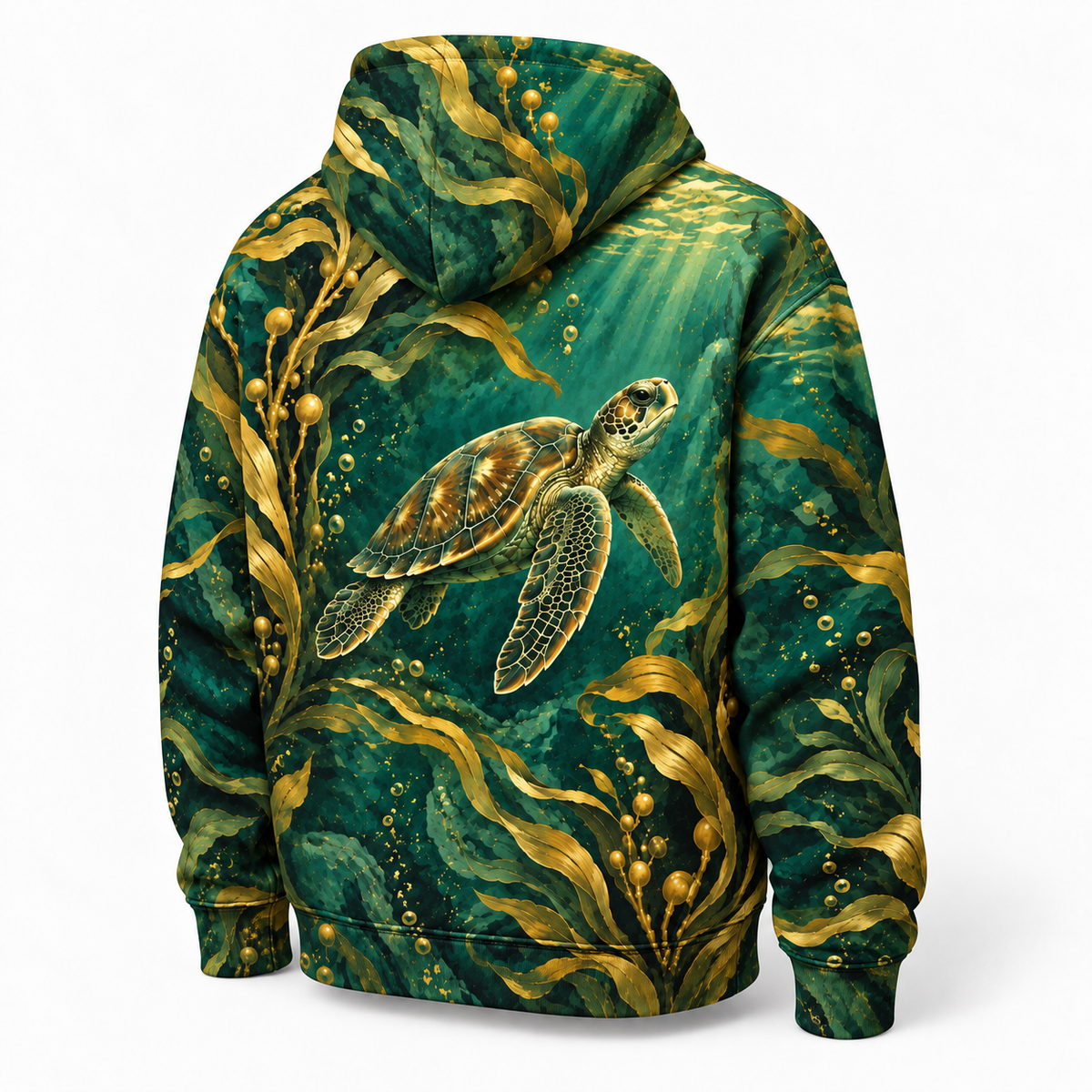 Golden Kelp Passage Sea Turtle Hoodie — Art Nouveau Kelp Print