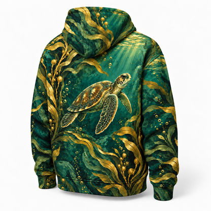Golden Kelp Passage Sea Turtle Hoodie — Art Nouveau Kelp Print