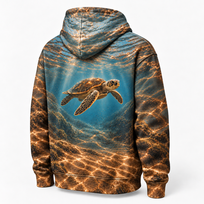 Cocoa Undertow Sea Turtle Hoodie — Warm Deep Water Print