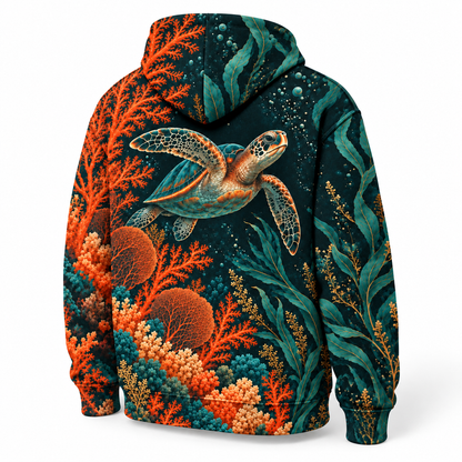 Midnight Coral Opera Sea Turtle Hoodie — Orange Coral Botanical Print