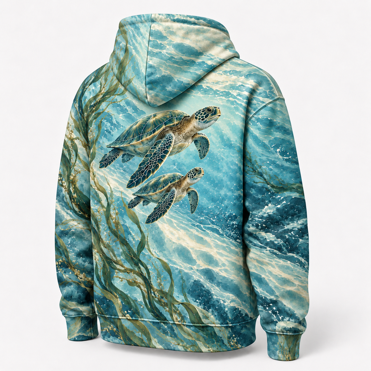 Lagoon Silk Sea Turtle Hoodie — Soft Green Ocean Print