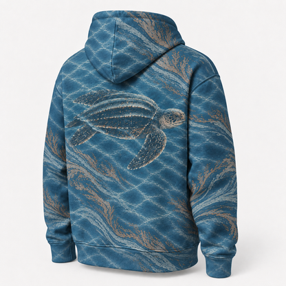 Leatherback Drift Sea Turtle Hoodie — Deep Sea Kelp Print