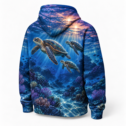 Blue Hour Migration Sea Turtle Hoodie — Twilight Ocean Print
