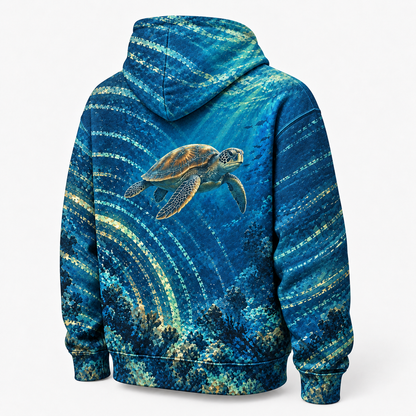 Sonar Bloom Sea Turtle Hoodie — Acoustic Ripple Print