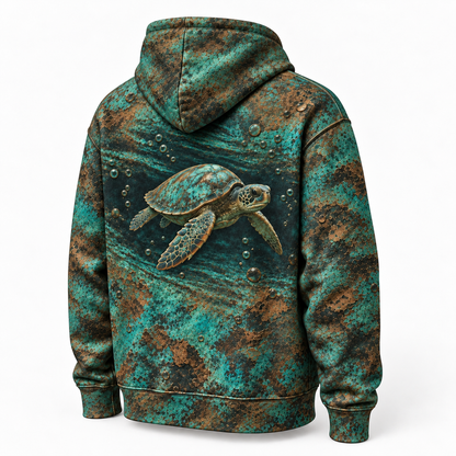 Verdigris Passage Sea Turtle Hoodie — Patina Relief Print