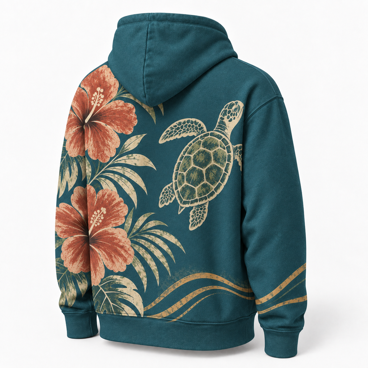 Hibiscus Dusk Sea Turtle Hoodie – Teal Tropical Floral Print