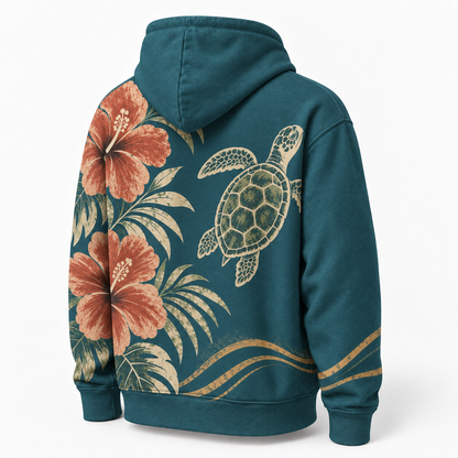 Hibiscus Dusk Sea Turtle Hoodie – Teal Tropical Floral Print