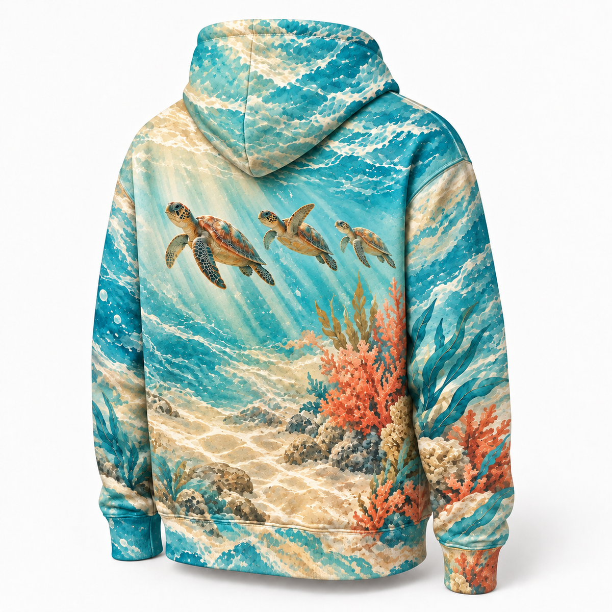 Coral Sand Serenade Sea Turtle Hoodie — Soft Coral Garden Print