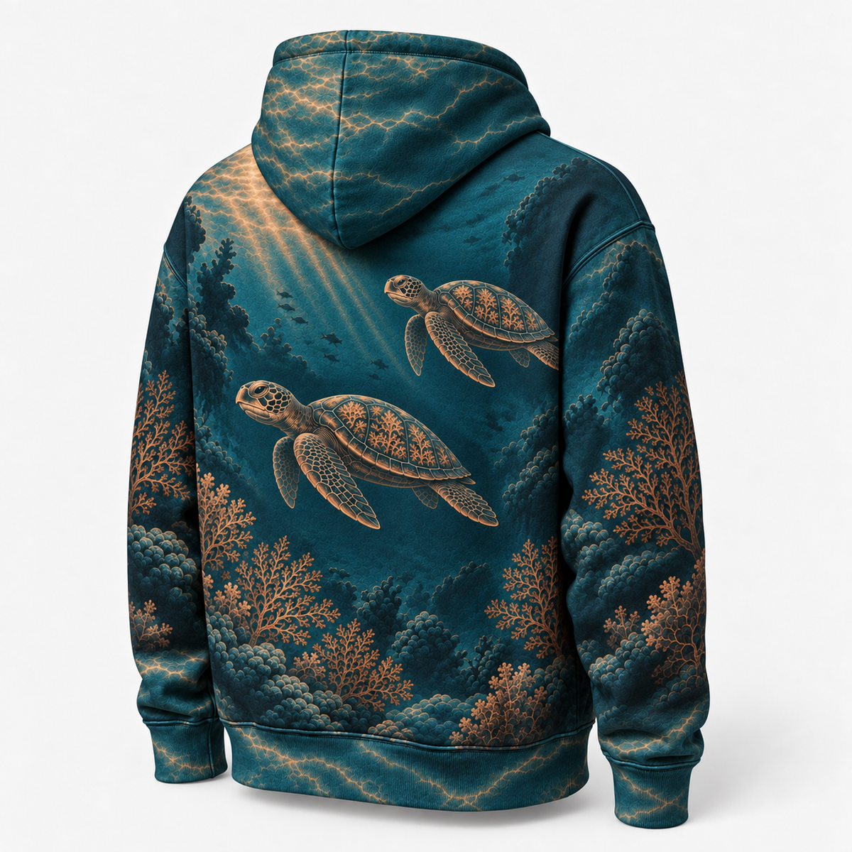 Deep Coral Sea Turtle Hoodie — Underwater Bronze Coral Print