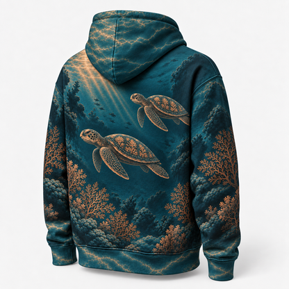 Deep Coral Sea Turtle Hoodie — Underwater Bronze Coral Print