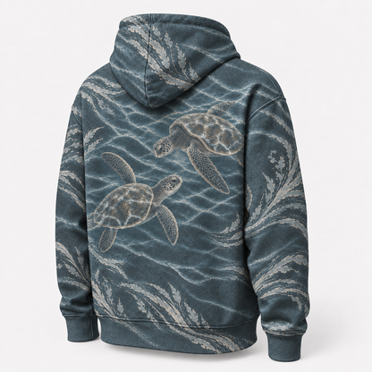 Stormy Deep Sea Turtle Hoodie — Slate Grey Wave Print