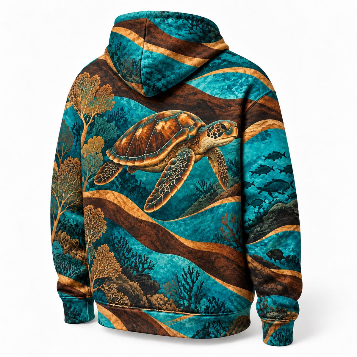 Reef Marquetry Sea Turtle Hoodie — Turquoise Woodcut-Inspired Print
