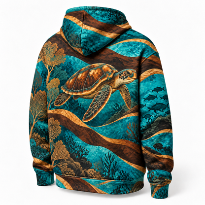 Reef Marquetry Sea Turtle Hoodie — Turquoise Woodcut-Inspired Print