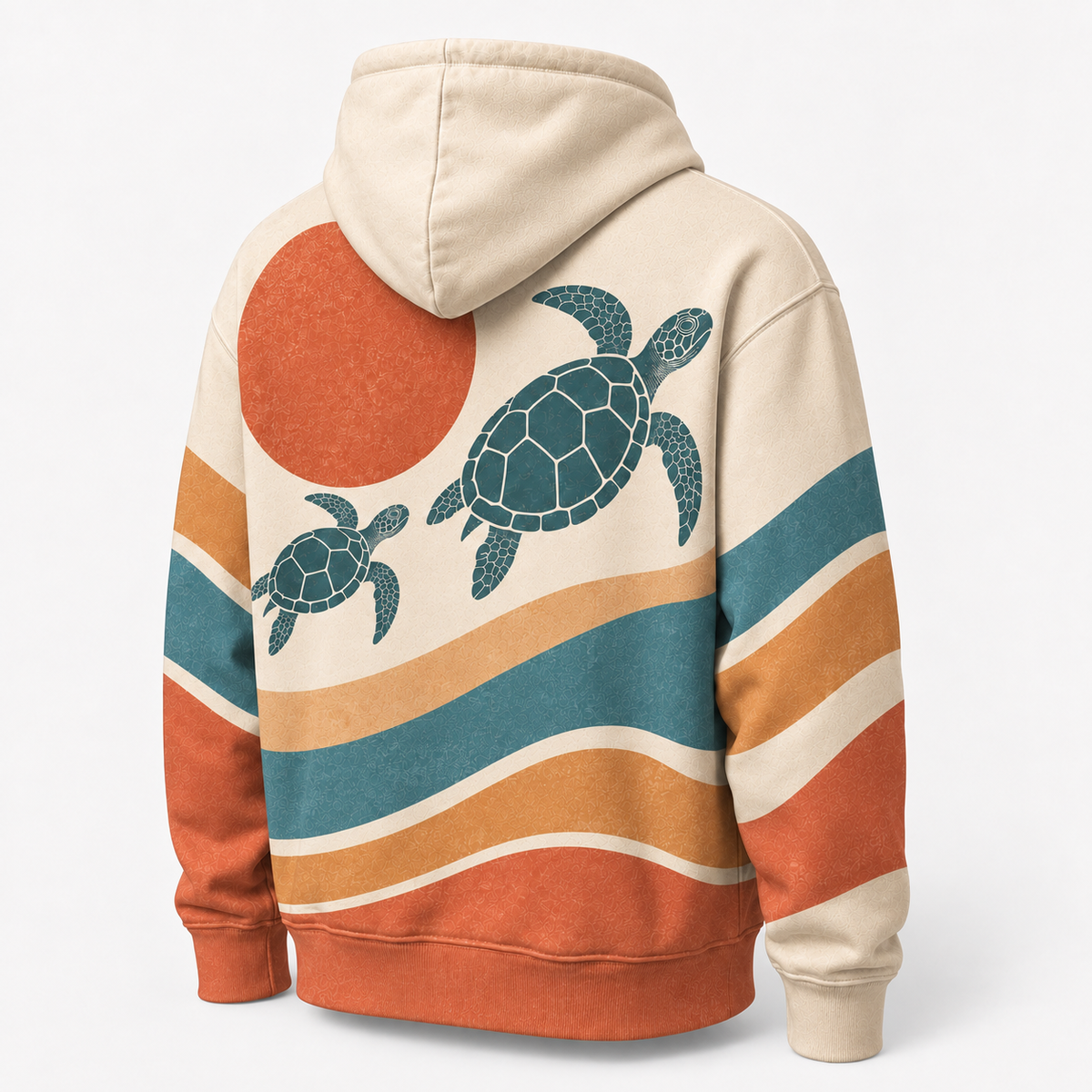 Terracotta Tides Sea Turtle Hoodie – Retro Sunset Wave Print