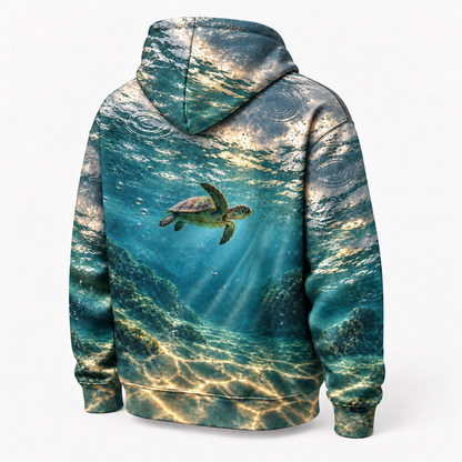 Raindrop Sanctuary Sea Turtle Hoodie — Rain Ripple Print
