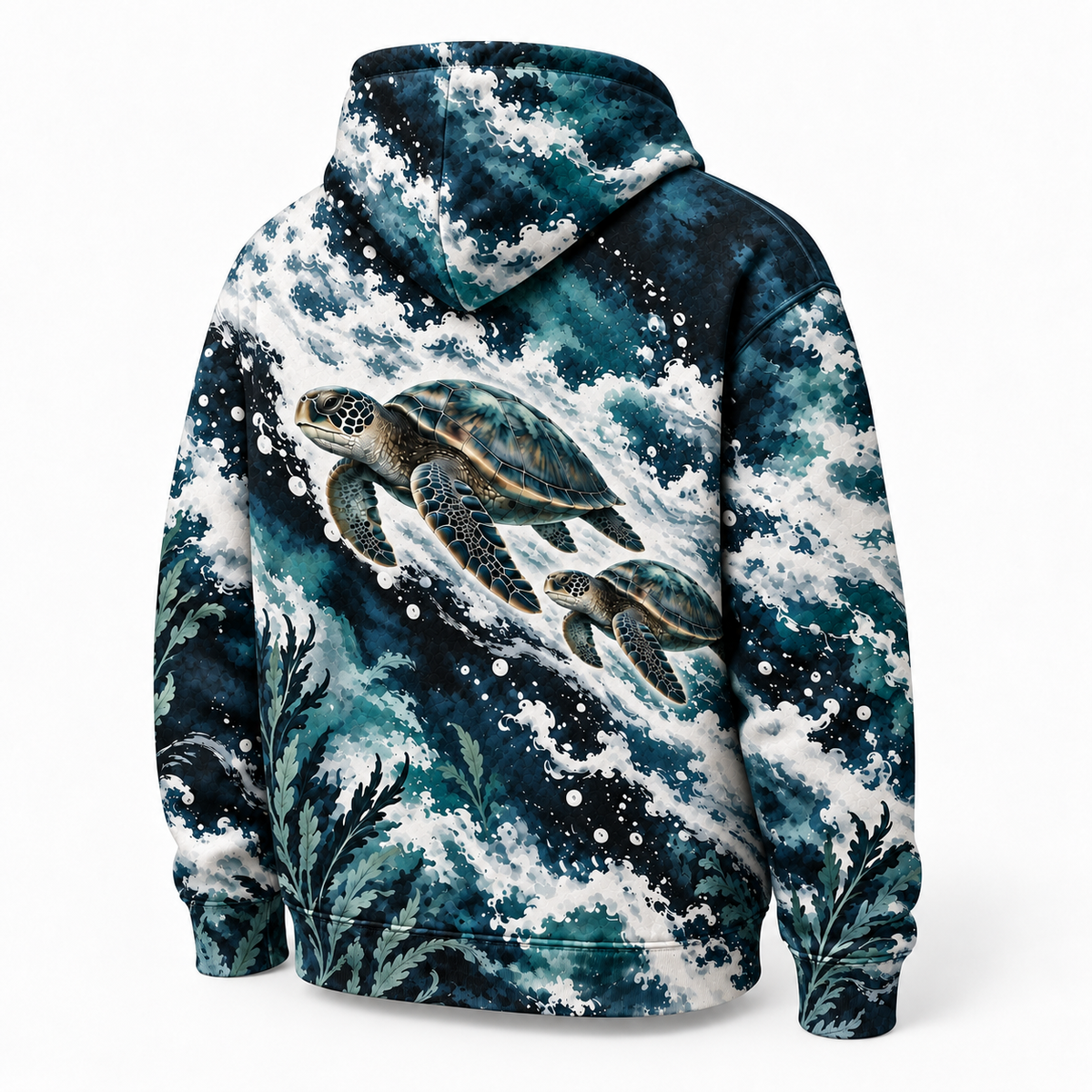 Inkfoam Voyage Sea Turtle Hoodie — Black and White Ocean Wave Print