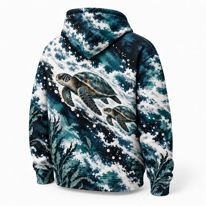 Inkfoam Voyage Sea Turtle Hoodie — Black and White Ocean Wave Print