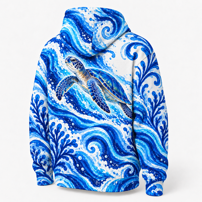 Aegean Currents Sea Turtle Hoodie — Cobalt Ceramic-Inspired Wave Print
