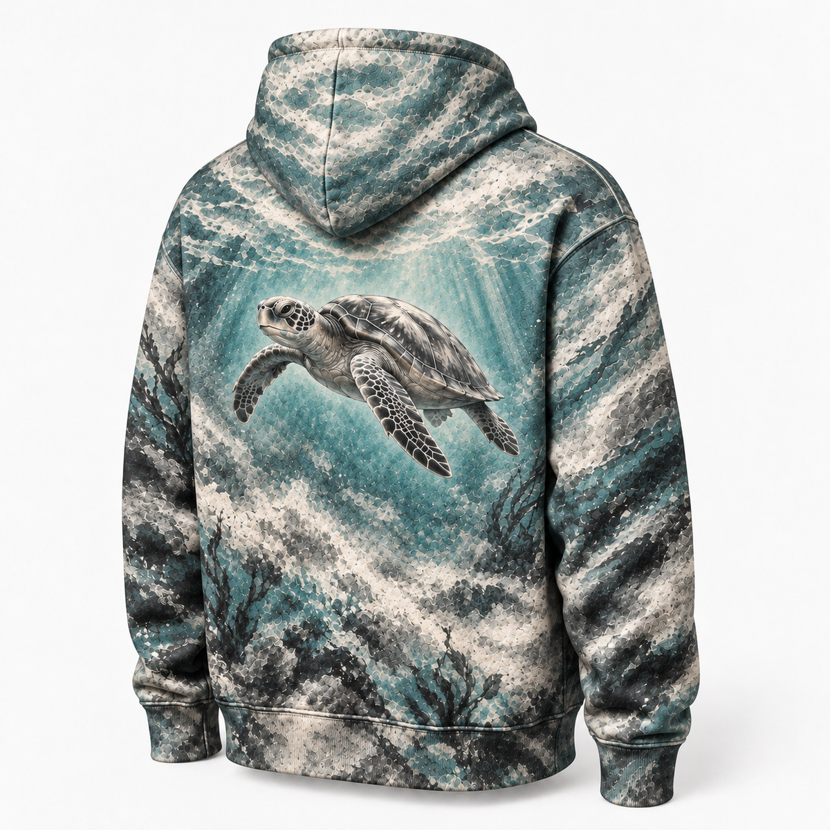 Graphite Drift Sea Turtle Hoodie — Charcoal Smudge Print