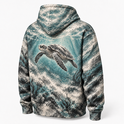 Graphite Drift Sea Turtle Hoodie — Charcoal Smudge Print