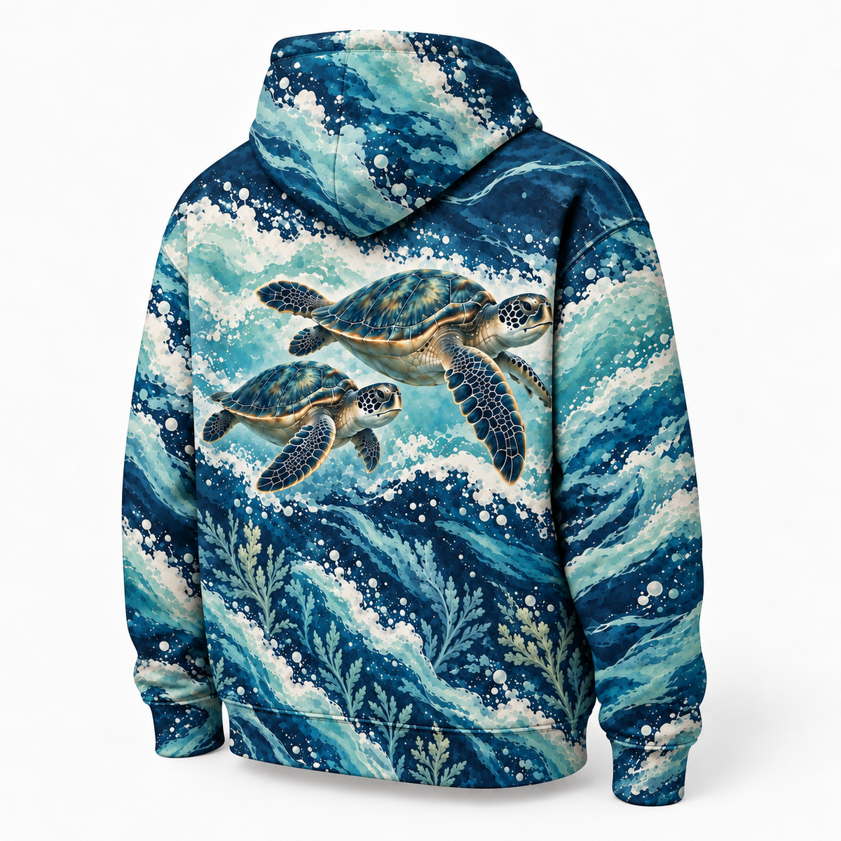 Foamline Run Sea Turtle Hoodie — Navy and Seafoam Wave Print