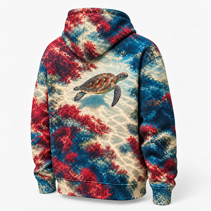 Cranberry Shoals Sea Turtle Hoodie — Warm Coastal Abstract Print