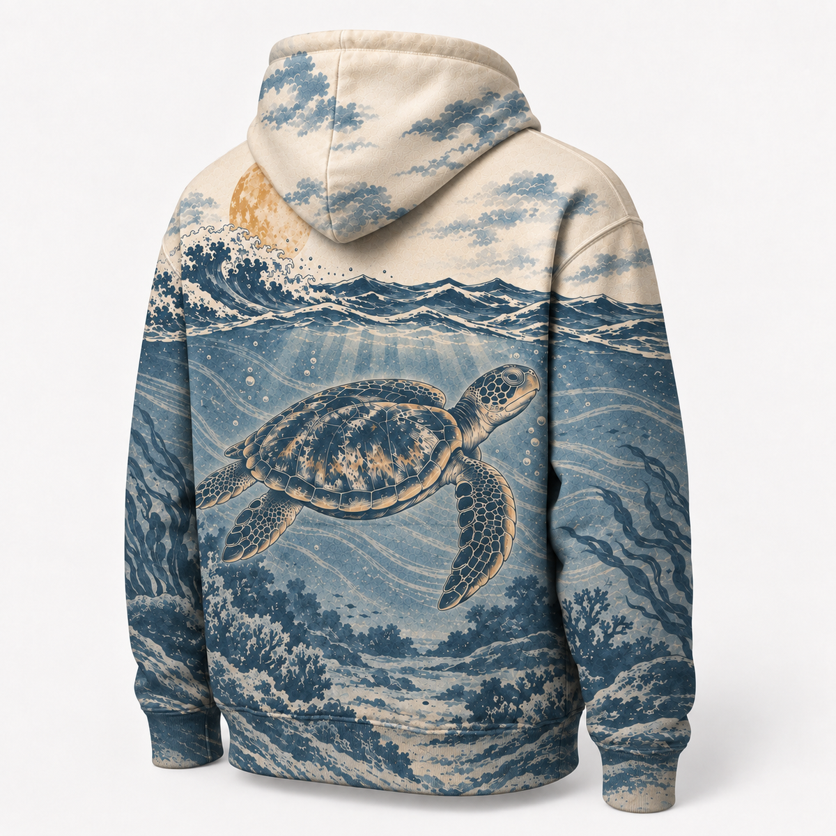 Moonlit Passage Sea Turtle Hoodie – Vintage Underwater Wave Print