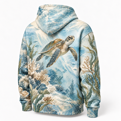 Misty Reef Haven Sea Turtle Hoodie — Soft Sage Watercolor Reef Print