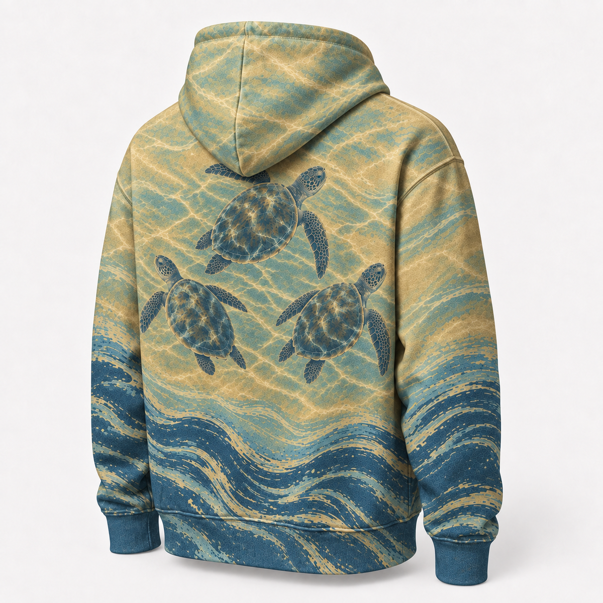 Golden Shoal Sea Turtle Hoodie — Sandy Blue Wave Print
