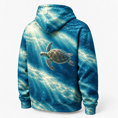 Sunshaft Stair Sea Turtle Hoodie — Layered Light Print