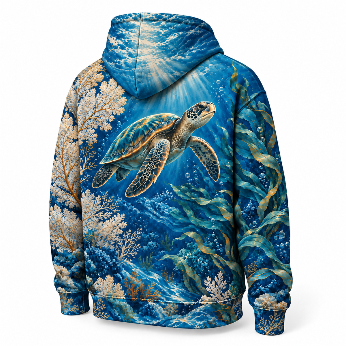 Oceanic Tapestry Sea Turtle Hoodie — Blue Coral and Kelp Print