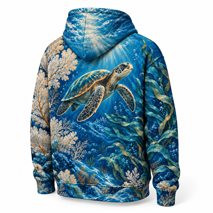 Oceanic Tapestry Sea Turtle Hoodie — Blue Coral and Kelp Print