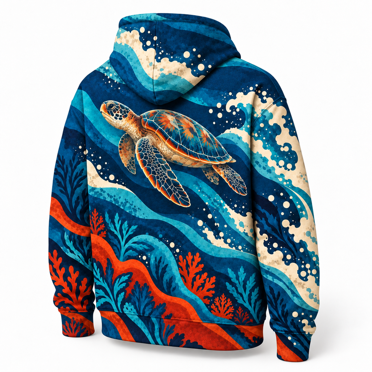 Pacific Rhythm Sea Turtle Hoodie — Graphic Ocean Wave Print