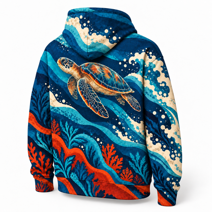 Pacific Rhythm Sea Turtle Hoodie — Graphic Ocean Wave Print