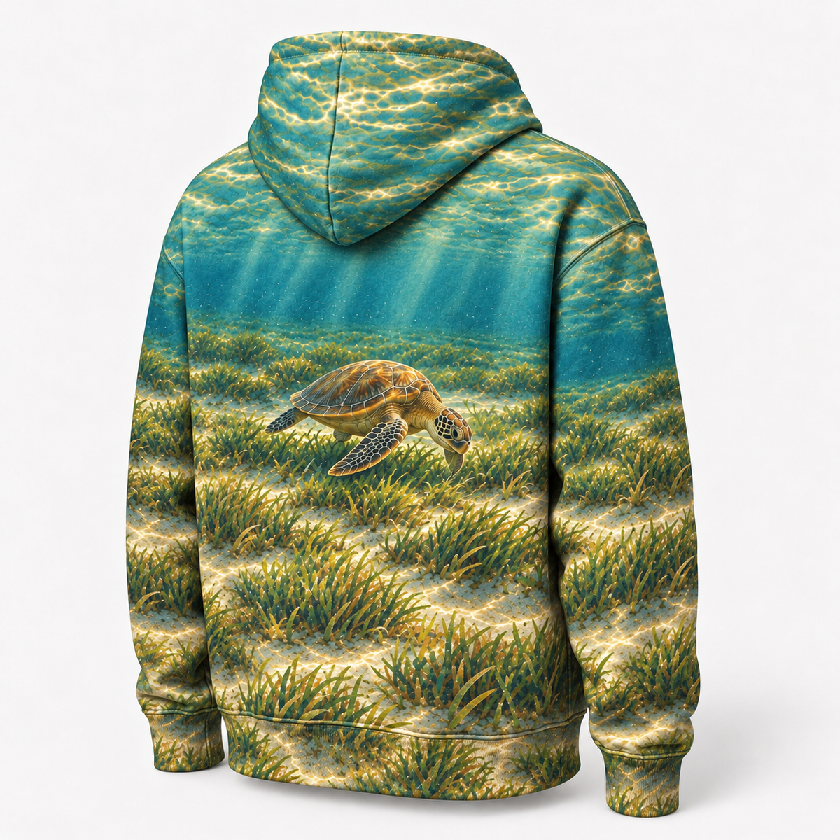 Seagrass Grazer Sea Turtle Hoodie — Coastal Meadow Print