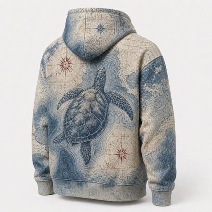 Wayfinder Sea Turtle Hoodie — Vintage Nautical Chart Print